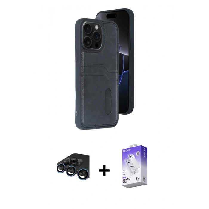 MARSİLYAN™- iPhone 15 Pro Max Kılıf Yörünge Işık Serisi - Siyah Bilvis 5in1 3D Magic Cam Ekran Koruyucu + Raze Metal Kamera Lens - LT
