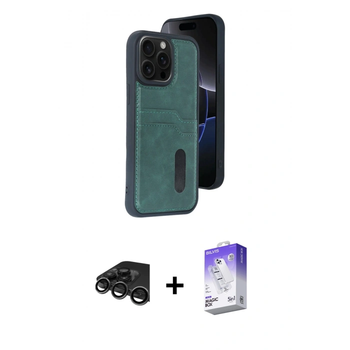 MARSİLYAN™- iPhone 15 Pro Max Kılıf Yörünge Işık Serisi - Siyah Bilvis 5in1 3D Magic Cam Ekran Koruyucu + Raze Metal Kamera Lens - TMGI