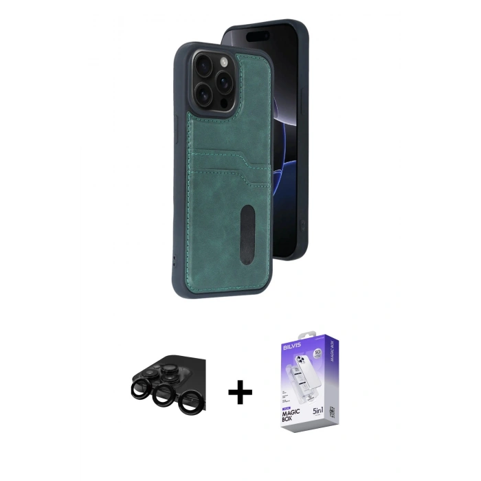MARSİLYAN™- iPhone 15 Pro Max Kılıf Yörünge Işık Serisi - Siyah Bilvis 5in1 3D Magic Cam Ekran Koruyucu + Raze Metal Kamera Lens - SH