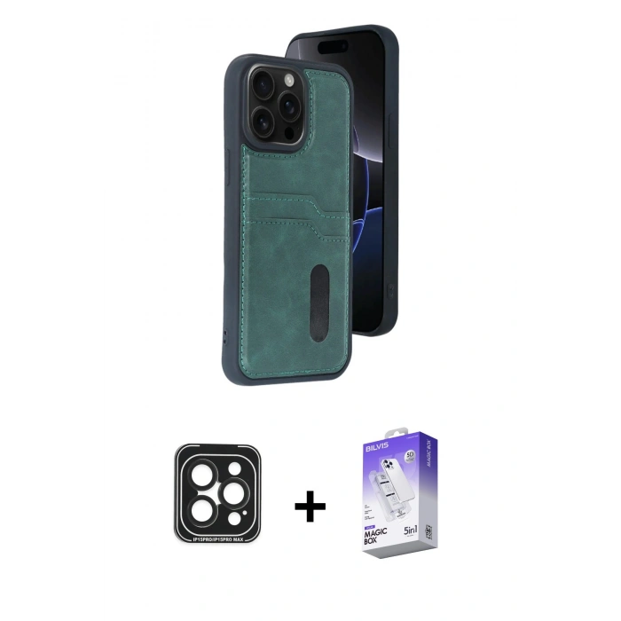 MARSİLYAN™- iPhone 15 Pro Max Kılıf Yörünge Işık Serisi - Siyah Bilvis 5in1 3D Magic Cam Ekran Koruyucu + PVD Metal Kamera Lens - SH
