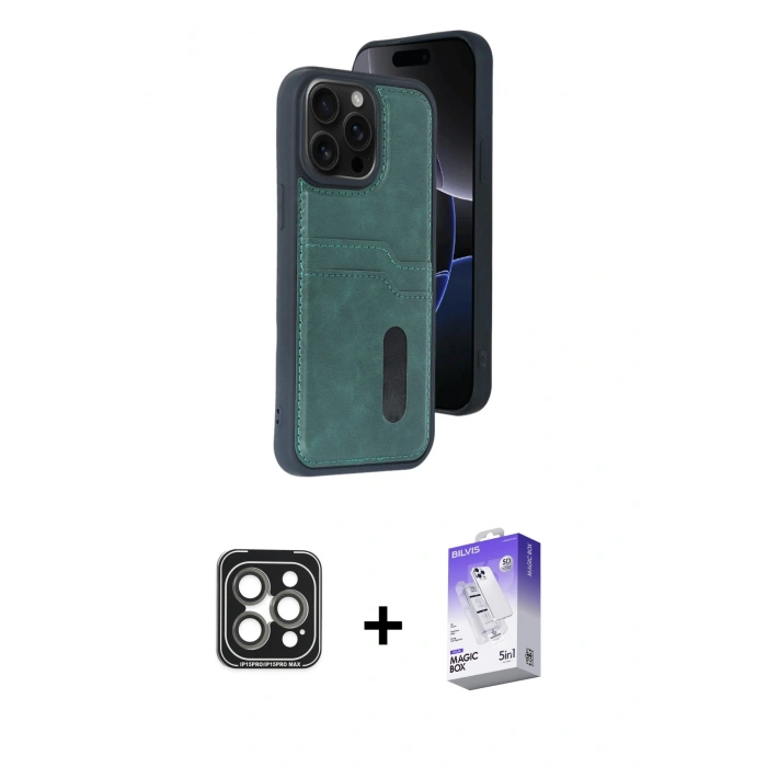 MARSİLYAN™- iPhone 15 Pro Max Kılıf Yörünge Işık Serisi - Siyah Bilvis 5in1 3D Magic Cam Ekran Koruyucu + PVD Metal Kamera Lens - GI