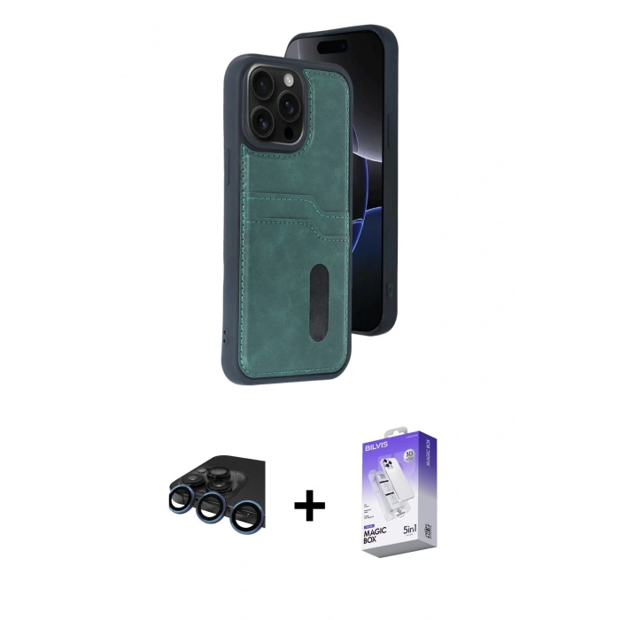 MARSİLYAN™- iPhone 15 Pro Max Kılıf Yörünge Işık Serisi - Siyah Bilvis 5in1 3D Magic Cam Ekran Koruyucu + Raze Metal Kamera Lens - LT