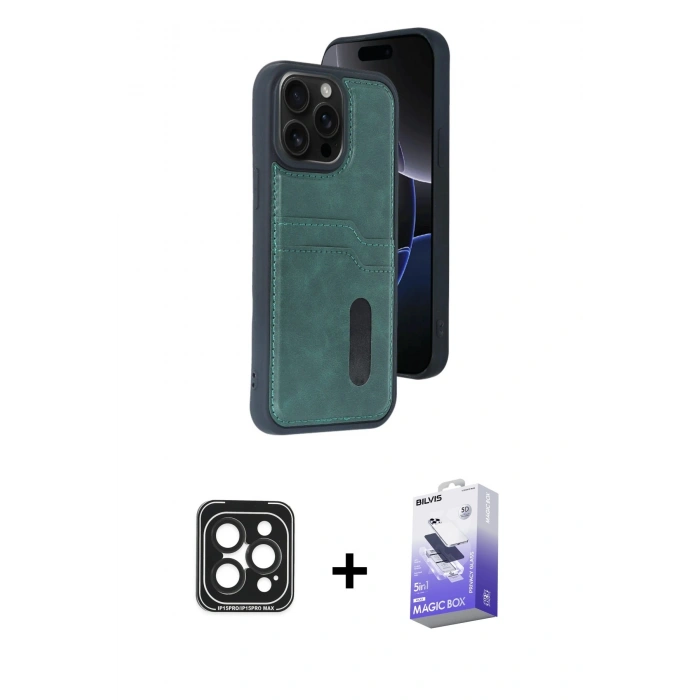 MARSİLYAN™- iPhone 15 Pro Max Kılıf Yörünge Işık Serisi - Siyah Bilvis 5in1 5D Magic Hayalet Cam Ekran Koruyucu + PVD Metal Kamera Lens - SH