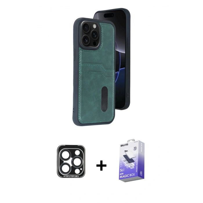 MARSİLYAN™- iPhone 15 Pro Max Kılıf Yörünge Işık Serisi - Siyah Bilvis 5in1 5D Magic Hayalet Cam Ekran Koruyucu + PVD Metal Kamera Lens - LT