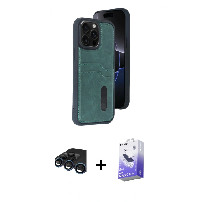 MARSİLYAN™- iPhone 15 Pro Max Kılıf Yörünge Işık Serisi - Siyah Bilvis 5in1 5D Magic Hayalet Cam Ekran Koruyucu + Raze Metal Kamera Lens - LT