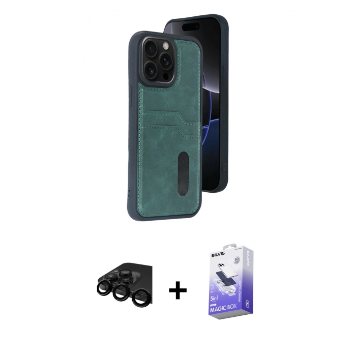 MARSİLYAN™- iPhone 15 Pro Max Kılıf Yörünge Işık Serisi - Siyah Bilvis 5in1 5D Magic Hayalet Cam Ekran Koruyucu + Raze Metal Kamera Lens - SH