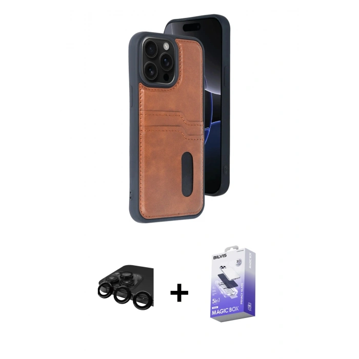 MARSİLYAN™- iPhone 15 Pro Max Kılıf Yörünge Işık Serisi - Siyah Bilvis 5in1 5D Magic Hayalet Cam Ekran Koruyucu + Raze Metal Kamera Lens - SH