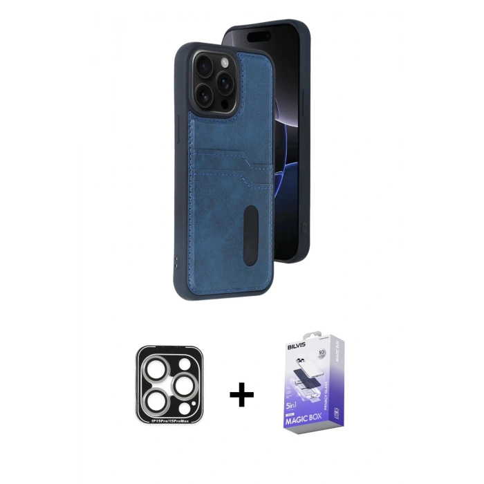 MARSİLYAN™- iPhone 15 Pro Max Kılıf Yörünge Işık Serisi - Siyah Bilvis 5in1 5D Magic Hayalet Cam Ekran Koruyucu + Gümüş PVD Metal Kamera Lens
