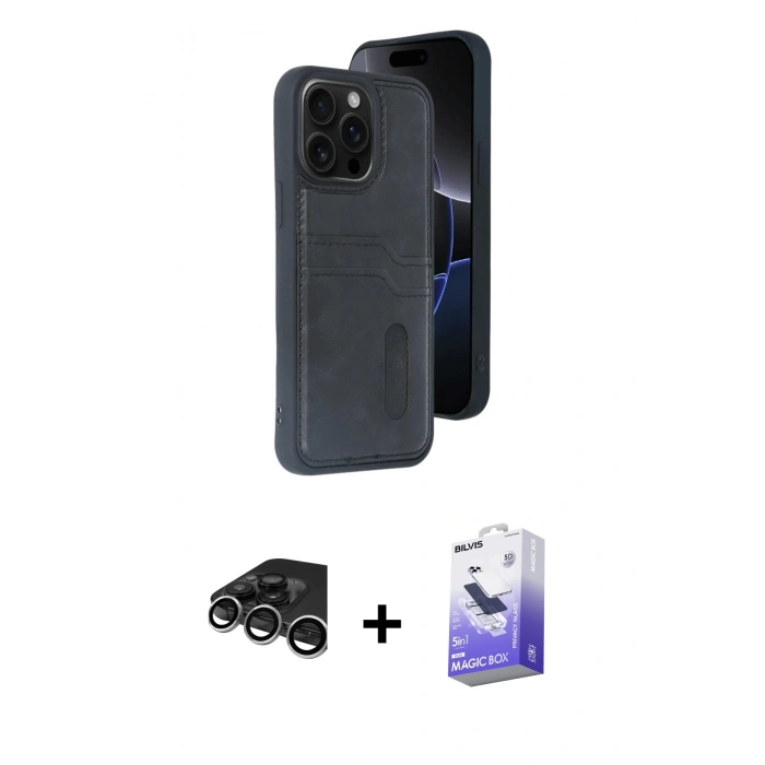 MARSİLYAN™- iPhone 15 Pro Max Kılıf Yörünge Işık Serisi - Siyah Bilvis 5in1 5D Magic Hayalet Cam Ekran Koruyucu + Raze Metal Kamera Lens - GS