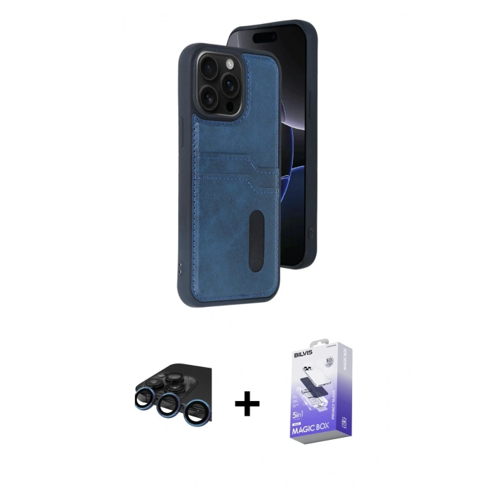 MARSİLYAN™- iPhone 15 Pro Max Kılıf Yörünge Işık Serisi - Siyah Bilvis 5in1 5D Magic Hayalet Cam Ekran Koruyucu + Raze Metal Kamera Lens - LT