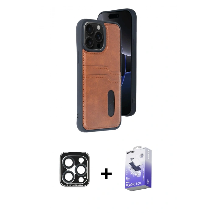 MARSİLYAN™- iPhone 15 Pro Max Kılıf Yörünge Işık Serisi - Siyah Bilvis 5in1 5D Magic Hayalet Cam Ekran Koruyucu + PVD Metal Kamera Lens - LT