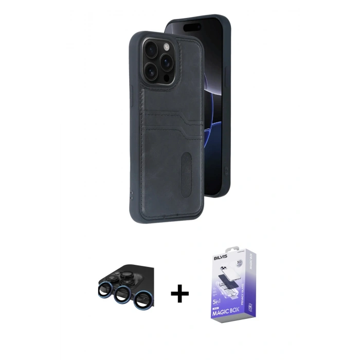 MARSİLYAN™- iPhone 15 Pro Max Kılıf Yörünge Işık Serisi - Siyah Bilvis 5in1 5D Magic Hayalet Cam Ekran Koruyucu + Raze Metal Kamera Lens - LT
