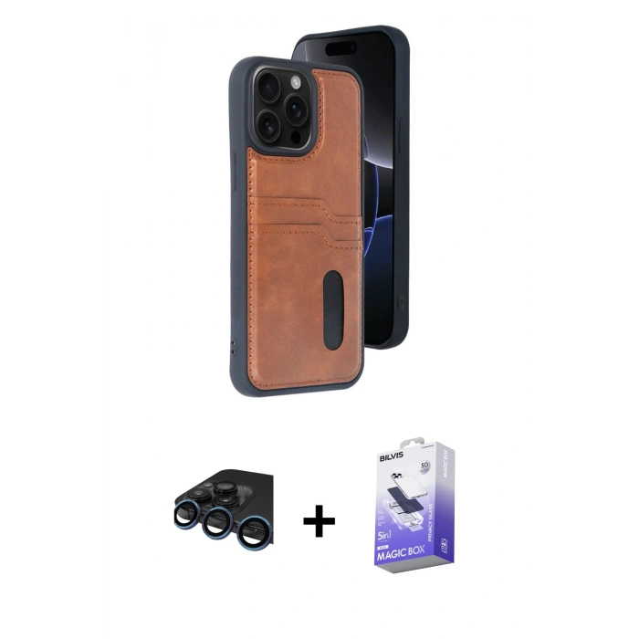 MARSİLYAN™- iPhone 15 Pro Max Kılıf Yörünge Işık Serisi - Siyah Bilvis 5in1 5D Magic Hayalet Cam Ekran Koruyucu + Raze Metal Kamera Lens - LT