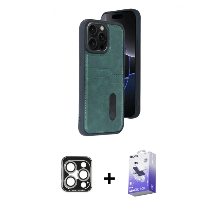 MARSİLYAN™- iPhone 15 Pro Max Kılıf Yörünge Işık Serisi - Siyah Bilvis 5in1 5D Magic Hayalet Cam Ekran Koruyucu + Gümüş PVD Metal Kamera Lens