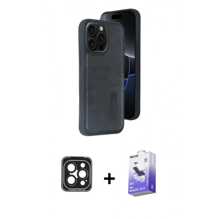 MARSİLYAN™- iPhone 15 Pro Max Kılıf Yörünge Işık Serisi - Siyah Bilvis 5in1 5D Magic Hayalet Cam Ekran Koruyucu + PVD Metal Kamera Lens - SH