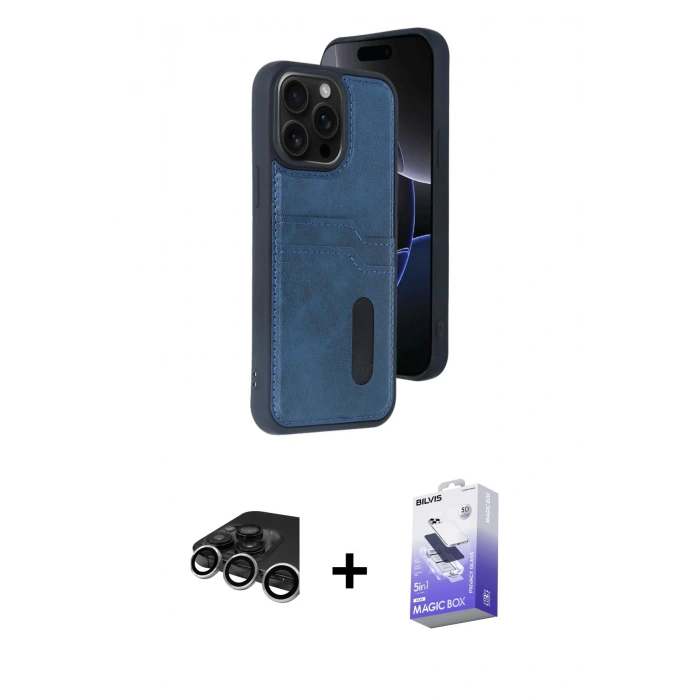 MARSİLYAN™- iPhone 15 Pro Max Kılıf Yörünge Işık Serisi - Siyah Bilvis 5in1 5D Magic Hayalet Cam Ekran Koruyucu + Raze Metal Kamera Lens - GS