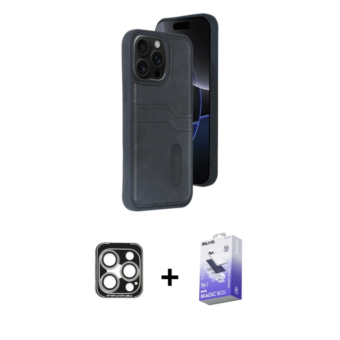MARSİLYAN™- iPhone 15 Pro Max Kılıf Yörünge Işık Serisi - Siyah Bilvis 5in1 5D Magic Hayalet Cam Ekran Koruyucu + Gümüş PVD Metal Kamera Lens