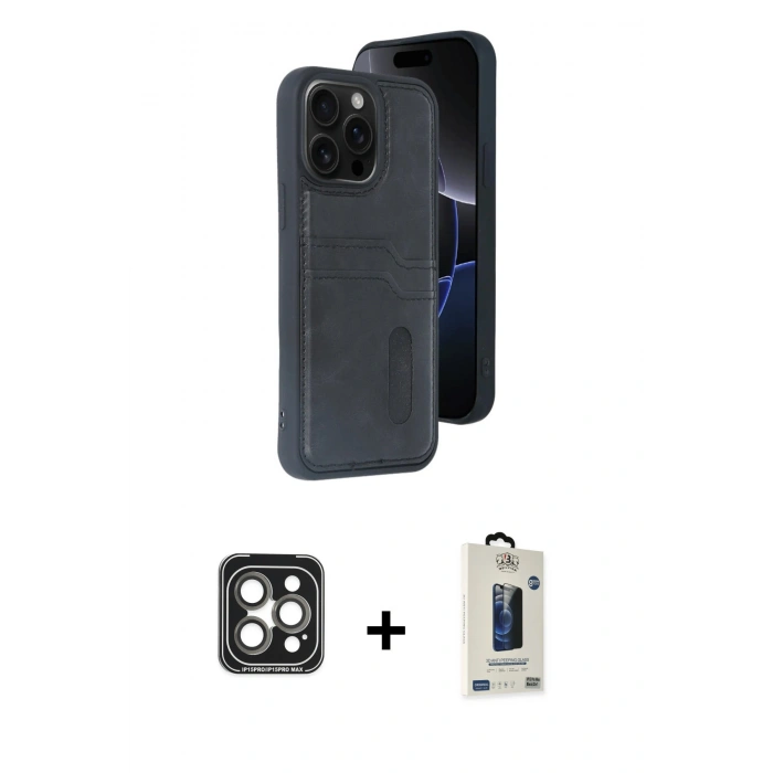 MARSİLYAN™- iPhone 15 Pro Max Kılıf Yörünge Işık Serisi - Siyah Bilvis Hayalet Cam Ekran Koruyucu + PVD Metal Kamera Lens - GI