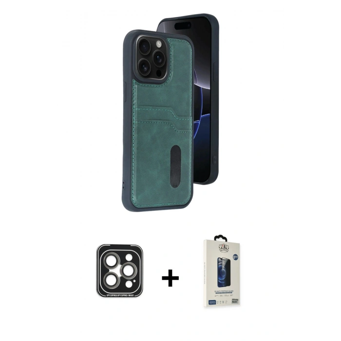MARSİLYAN™- iPhone 15 Pro Max Kılıf Yörünge Işık Serisi - Siyah Bilvis Hayalet Cam Ekran Koruyucu + PVD Metal Kamera Lens - GI