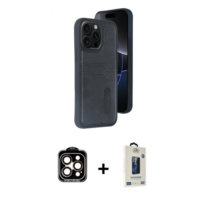 MARSİLYAN™- iPhone 15 Pro Max Kılıf Yörünge Işık Serisi - Siyah Bilvis Hayalet Cam Ekran Koruyucu + PVD Metal Kamera Lens - TU