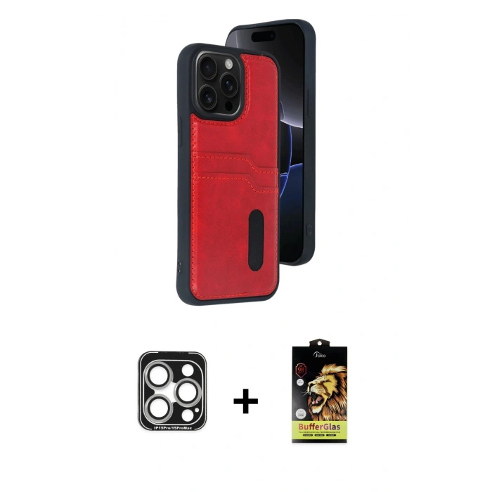 MARSİLYAN™- iPhone 15 Pro Max Kılıf Yörünge Işık Serisi - Siyah Buffer Cam Ekran Koruyucu + PVD Metal Kamera Lens - GS