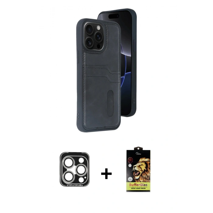 MARSİLYAN™- iPhone 15 Pro Max Kılıf Yörünge Işık Serisi - Siyah Buffer Cam Ekran Koruyucu + PVD Metal Kamera Lens - GS