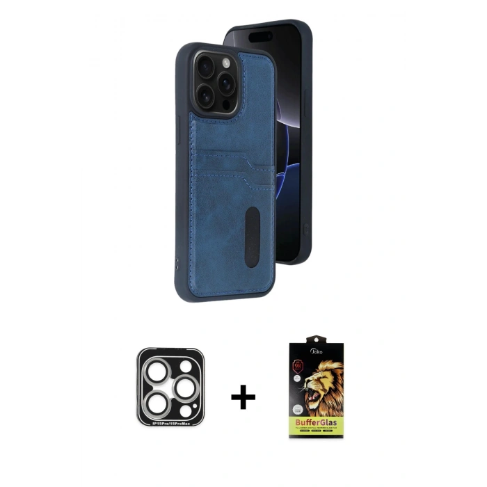 MARSİLYAN™- iPhone 15 Pro Max Kılıf Yörünge Işık Serisi - Siyah Buffer Cam Ekran Koruyucu + PVD Metal Kamera Lens - GS