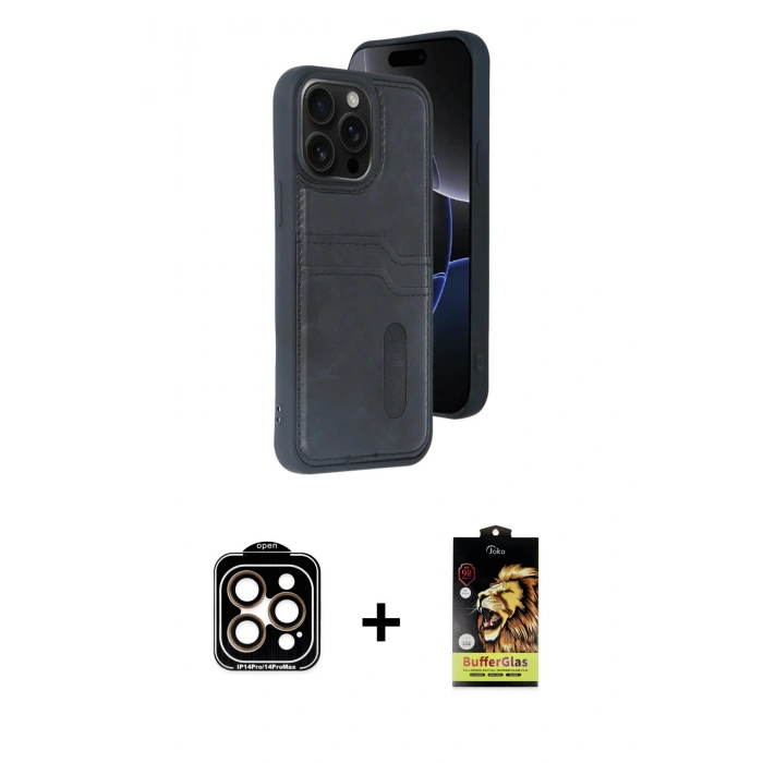 MARSİLYAN™- iPhone 15 Pro Max Kılıf Yörünge Işık Serisi - Siyah Buffer Cam Ekran Koruyucu + PVD Metal Kamera Lens - TU