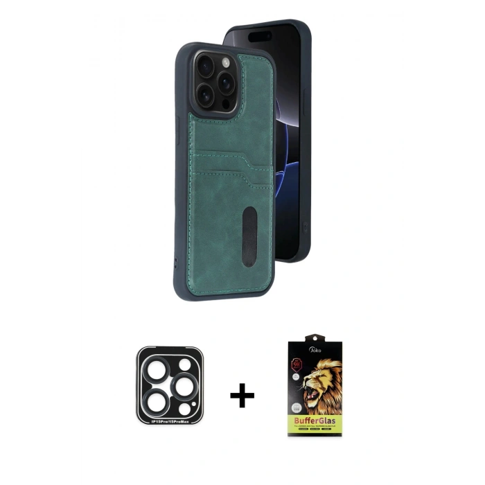 MARSİLYAN™- iPhone 15 Pro Max Kılıf Yörünge Işık Serisi - Siyah Buffer Cam Ekran Koruyucu + PVD Metal Kamera Lens - LT