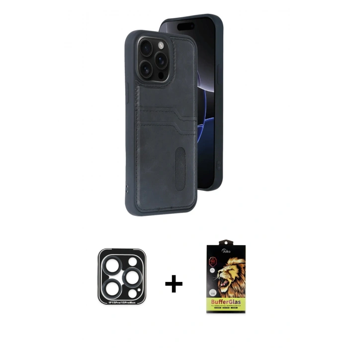 MARSİLYAN™- iPhone 15 Pro Max Kılıf Yörünge Işık Serisi - Siyah Buffer Cam Ekran Koruyucu + PVD Metal Kamera Lens - LT