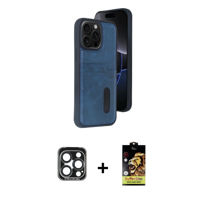 MARSİLYAN™- iPhone 15 Pro Max Kılıf Yörünge Işık Serisi - Siyah Buffer Cam Ekran Koruyucu + PVD Metal Kamera Lens - LT