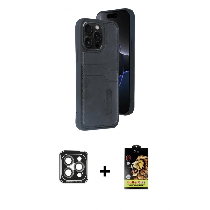 MARSİLYAN™- iPhone 15 Pro Max Kılıf Yörünge Işık Serisi - Siyah Buffer Cam Ekran Koruyucu + PVD Metal Kamera Lens - GI