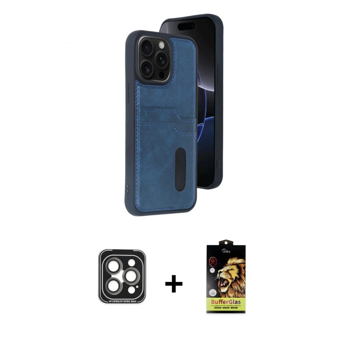 MARSİLYAN™- iPhone 15 Pro Max Kılıf Yörünge Işık Serisi - Siyah Buffer Cam Ekran Koruyucu + PVD Metal Kamera Lens - GI