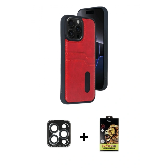 MARSİLYAN™- iPhone 15 Pro Max Kılıf Yörünge Işık Serisi - Siyah Buffer Cam Ekran Koruyucu + PVD Metal Kamera Lens - LT