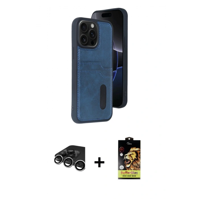 MARSİLYAN™- iPhone 15 Pro Max Kılıf Yörünge Işık Serisi - Siyah Buffer Cam Ekran Koruyucu + Raze Metal Kamera Lens - GS