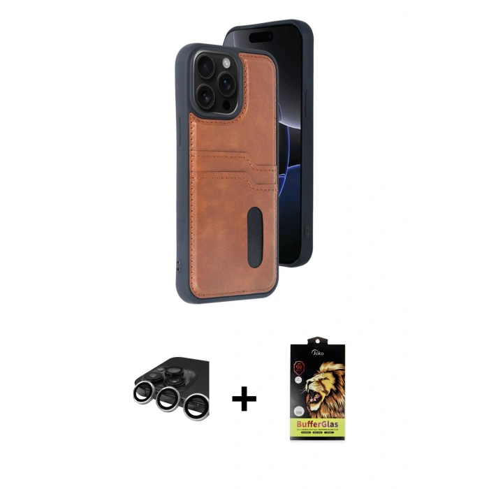 MARSİLYAN™- iPhone 15 Pro Max Kılıf Yörünge Işık Serisi - Siyah Buffer Cam Ekran Koruyucu + Raze Metal Kamera Lens - GS
