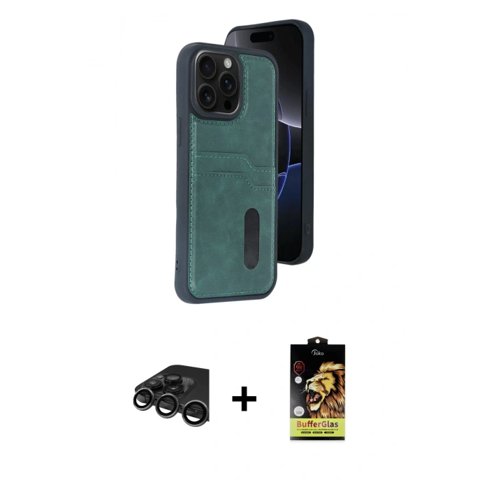 MARSİLYAN™- iPhone 15 Pro Max Kılıf Yörünge Işık Serisi - Siyah Buffer Cam Ekran Koruyucu + Raze Metal Kamera Lens - TMGI