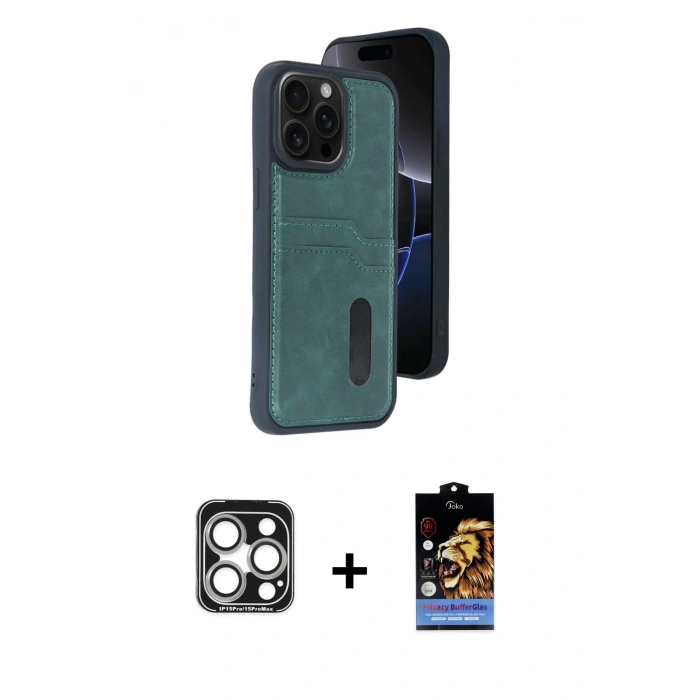 MARSİLYAN™- iPhone 15 Pro Max Kılıf Yörünge Işık Serisi - Siyah Buffer Hayalet Cam Ekran Koruyucu + PVD Metal Kamera Lens - GS