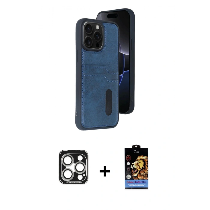 MARSİLYAN™- iPhone 15 Pro Max Kılıf Yörünge Işık Serisi - Siyah Buffer Hayalet Cam Ekran Koruyucu + PVD Metal Kamera Lens - GS