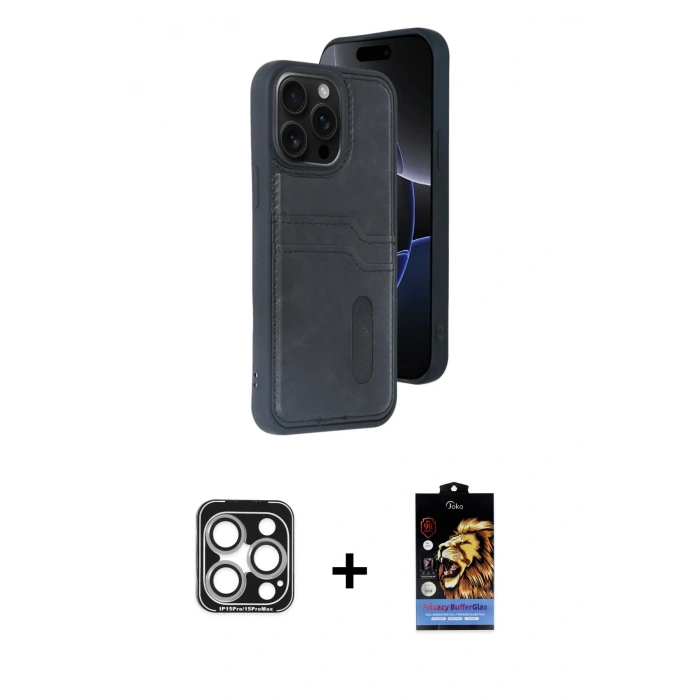 MARSİLYAN™- iPhone 15 Pro Max Kılıf Yörünge Işık Serisi - Siyah Buffer Hayalet Cam Ekran Koruyucu + PVD Metal Kamera Lens - GS