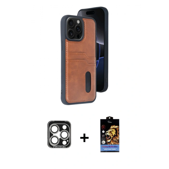 MARSİLYAN™- iPhone 15 Pro Max Kılıf Yörünge Işık Serisi - Siyah Buffer Hayalet Cam Ekran Koruyucu + PVD Metal Kamera Lens - GS