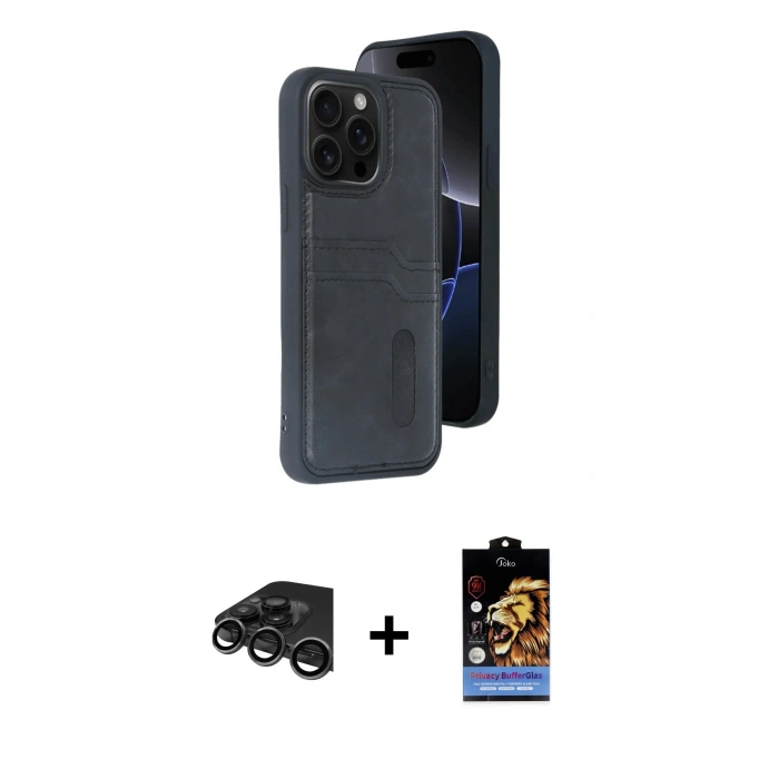 MARSİLYAN™- iPhone 15 Pro Max Kılıf Yörünge Işık Serisi - Siyah Buffer Hayalet Cam Ekran Koruyucu + Raze Metal Kamera Lens - TMGI