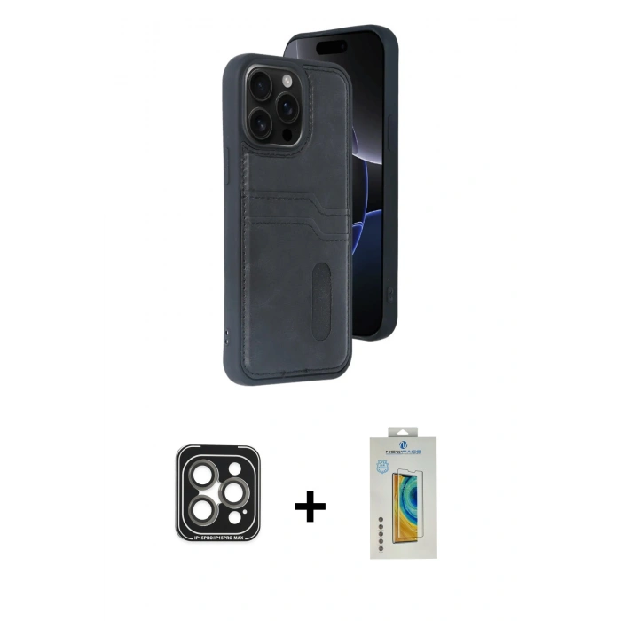 MARSİLYAN™- iPhone 15 Pro Max Kılıf Yörünge Işık Serisi - Siyah Polymer Nano Ekran Koruyucu + PVD Metal Kamera Lens - GI