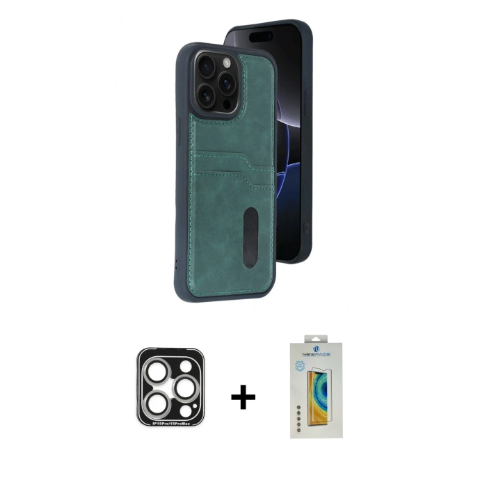 MARSİLYAN™- iPhone 15 Pro Max Kılıf Yörünge Işık Serisi - Siyah Polymer Nano Ekran Koruyucu + PVD Metal Kamera Lens - GS