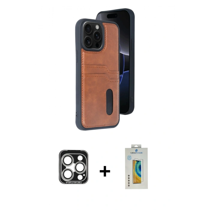 MARSİLYAN™- iPhone 15 Pro Max Kılıf Yörünge Işık Serisi - Siyah Polymer Nano Ekran Koruyucu + PVD Metal Kamera Lens - GS