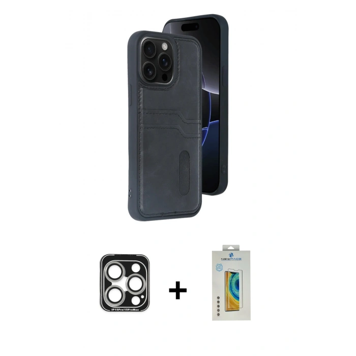 MARSİLYAN™- iPhone 15 Pro Max Kılıf Yörünge Işık Serisi - Siyah Polymer Nano Ekran Koruyucu + PVD Metal Kamera Lens - GS