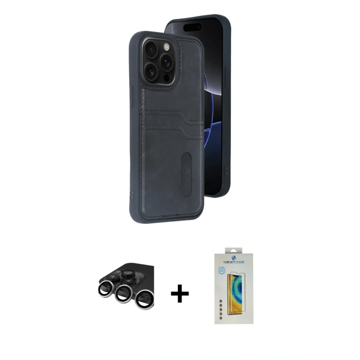 MARSİLYAN™- iPhone 15 Pro Max Kılıf Yörünge Işık Serisi - Siyah Polymer Nano Ekran Koruyucu + Gümüş Raze Metal Kamera Lens