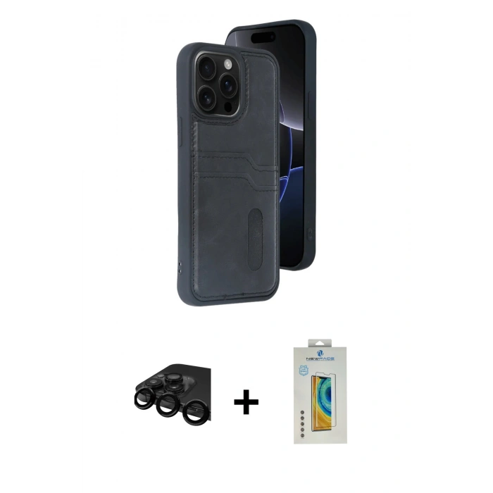 MARSİLYAN™- iPhone 15 Pro Max Kılıf Yörünge Işık Serisi - Siyah Polymer Nano Ekran Koruyucu + Siyah Raze Metal Kamera Lens