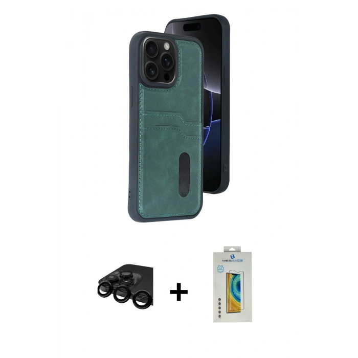 MARSİLYAN™- iPhone 15 Pro Max Kılıf Yörünge Işık Serisi - Siyah Polymer Nano Ekran Koruyucu + Siyah Raze Metal Kamera Lens