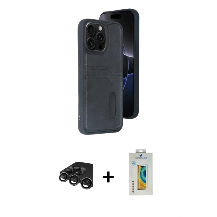 MARSİLYAN™- iPhone 15 Pro Max Kılıf Yörünge Işık Serisi - Siyah Polymer Nano Ekran Koruyucu + Raze Metal Kamera Lens - TMGI